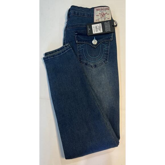 True Religion Woman’s Jennie Curvy Mid Rise Super Skinny Blue Stitch 29x29 NEW - Picture 1 of 8